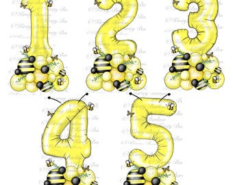 Bee Number birthday balloons clipart pack sublimation designs instant download digital art hand drawn