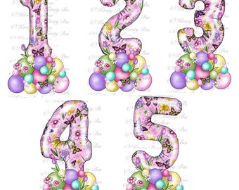 Spring pink floral Number birthday balloons clipart pack sublimation designs instant download digital art hand drawn