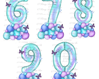 Turquoise purple butterfly Number birthday balloons clipart pack sublimation designs instant download digital art hand drawn