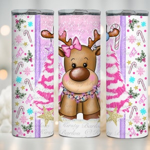 Cute Christmas reindeer pink tumbler wrap sublimation design clipart png instant download hand drawn