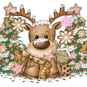 Reindeer Gingerbread & Christmas Trees PNG, Hand Drawn Holiday Clipart for Sublimation, Cute Christmas Design for Printing Crafts