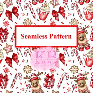 Könnte beinhalten: Ein nahtloses Weihnachtsmuster mit festlichen Elementen auf weißem Hintergrund. Das Design umfasst rote Schleifen, Zuckerstangen, Lebkuchen, Rentiere und verpackte Geschenke. Der Text "Seamless Pattern" befindet sich in einem roten Rechteck.