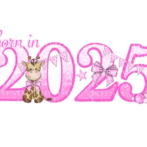 Nueva niña nacida en 2025, jirafa, guardería, clipart png, diseño de sublimación para baby shower / tarjeta / invitación / estampado animal / safari