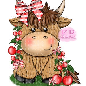 Cerises cerise fruit sucré mignon vichy vache des Highlands png clipart sublimation design illustration dessin numérique oeuvre