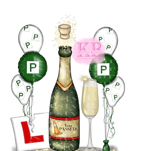 May include: Digital illustration featuring a champagne bottle with the text "You Passed!" and a glass of champagne. Balloons with the letter "P" and a learner driver sign complete the celebratory theme.