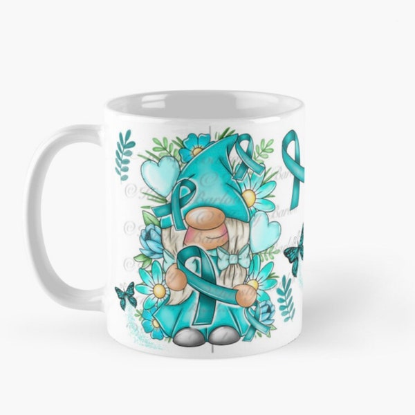 Teal awareness gonk gnome mug wrap sublimation design ovarian cancer