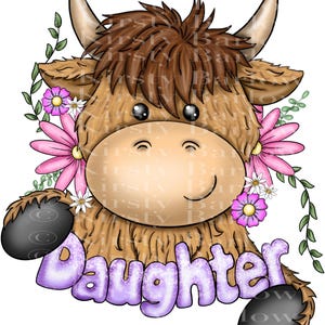 Anniversaire fille vache Highland png clipart sublimation design animaux de la ferme dessinés à la main art numérique dessin illustration