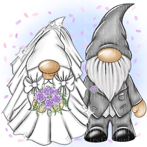 Nains de mariage gonks des mariés des cliparts sublimation design png illustration dessinée à la main téléchargement immédiat avec arrière-plan gratuit