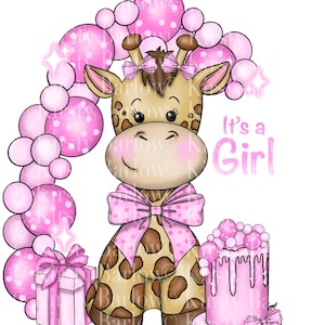 Es una niña jirafa guardería clipart png baby shower sublimación diseño dibujado a mano descarga instantánea azul / tarjeta / invitación