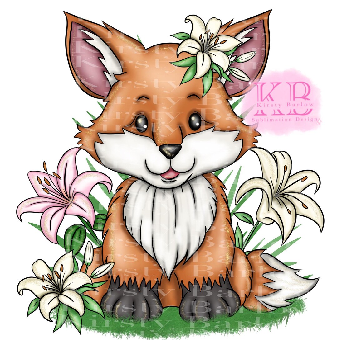 Cute Fox Cub Lilies Lily Floral Flowers Png Clipart Sublimation Design ...