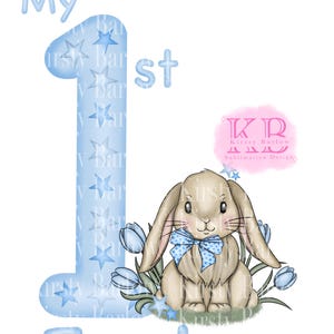 My first Easter blue boy Floppy eared bunny rabbit Easter tulip clipart png sublimation design hand drawn instant download