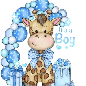 Es un bebé niño jirafa guardería clipart png baby shower sublimación diseño dibujado a mano descarga instantánea azul / tarjeta / invitación