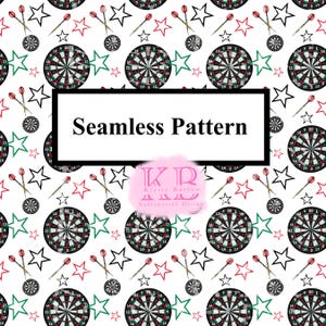 May include: A seamless pattern with dartboards, darts, stars, and dartboard targets in red, green, black, and white. The text "Seamless Pattern" is displayed in a black rectangle. The design includes the text "KR Kirsty Barlow Sublimation Design".