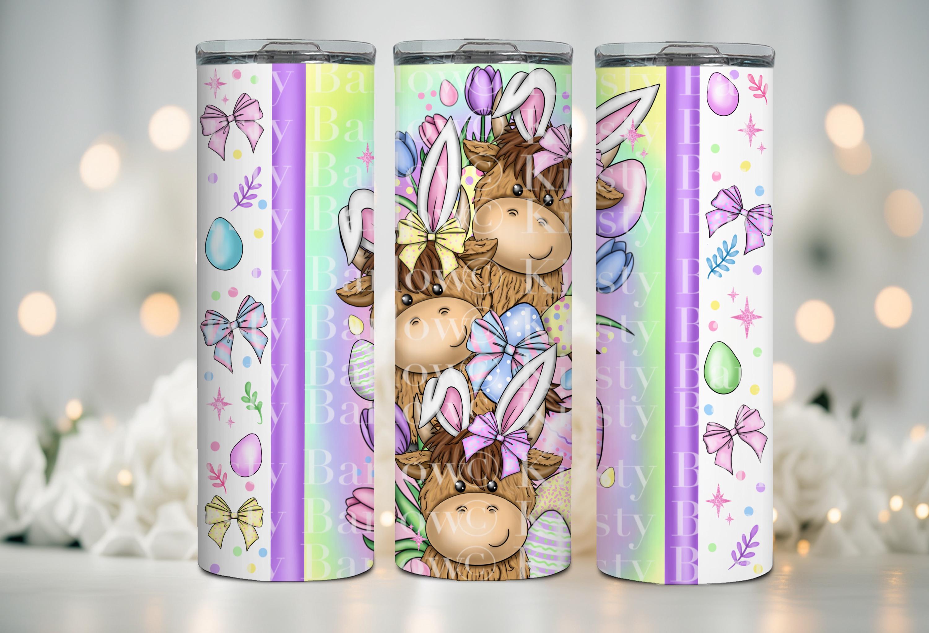 Easter spring highland cow farm animal tumbler wrap sublimation design clipart png hand drawn