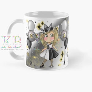 Birthday girl character cartoon clip art mug wrap black and gold sublimation design png illustration with commercial license