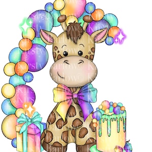 Rainbow new baby birth giraffe nursery clipart png baby shower sublimation design hand drawn instant download blue | card | invitation