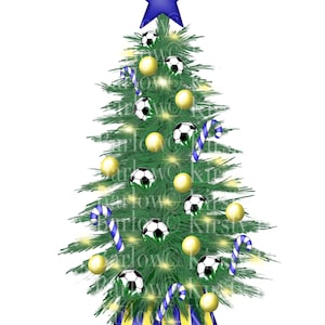 Blauwe en gele voetbal kerstboom clipart png sublimatie ontwerp handgetekende instant download