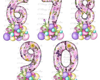 Spring pink floral butterfly Number birthday balloons clipart pack sublimation designs instant download digital art hand drawn