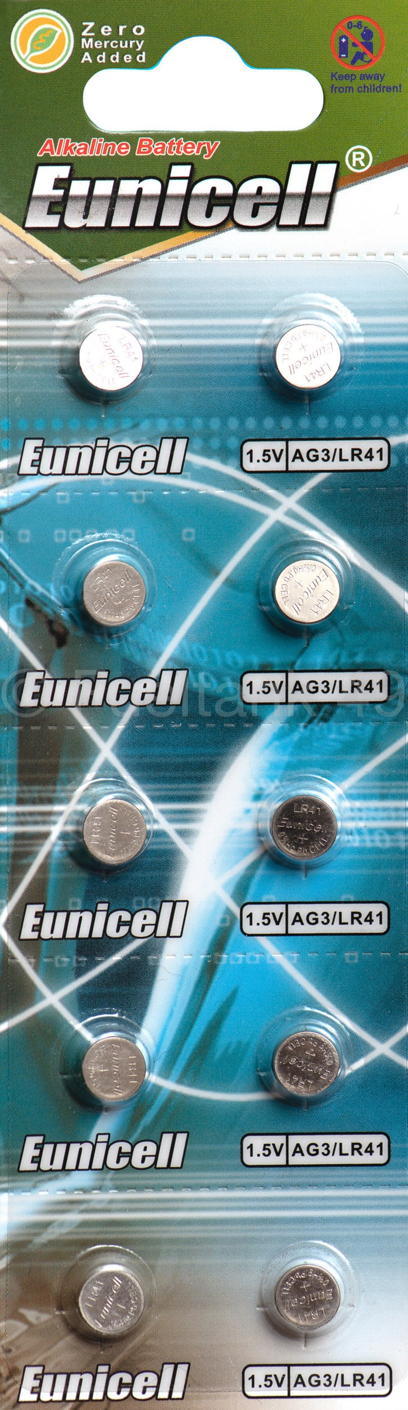 10 x AG3, G3A, LR736, LR41, L736, GP192, V36A Eunicell 1.5v Coin Button Batteries 1 Card Of 10 Batteries image 1