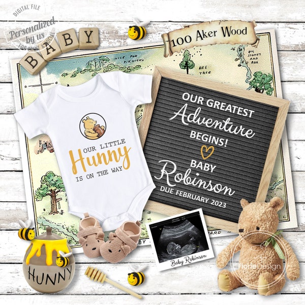 Classic Winnie-the-Pooh Pregnancy Announcement Digital, Digital Baby announcement for social media, instagram, Hundred Acre Woods, Pooh Bear