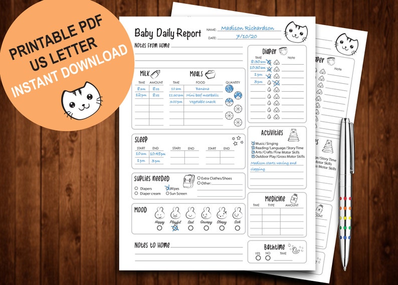 Daily Baby Log Printable, Daily Baby Tracker for Babysitter, Preschool