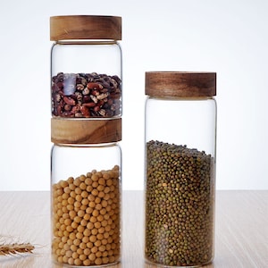 Glass Jars with Wood Lid Kitchen Storage Bottles pantry jars Spice, candy organizer