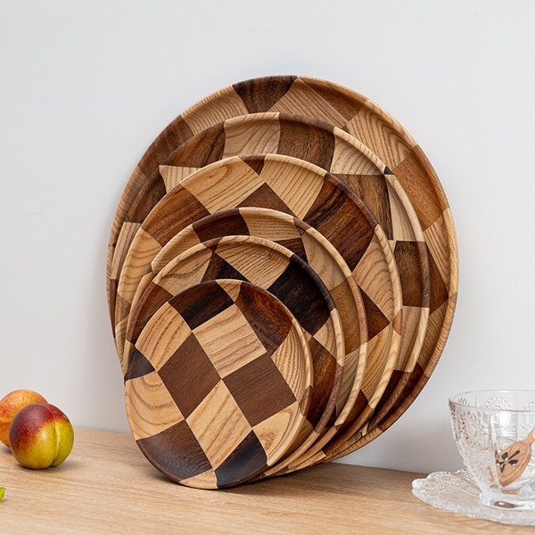 Wooden Dinner Plate, Handmade Round Wooden Plate, Fruit Plate Snack Dessert Tray Tableware