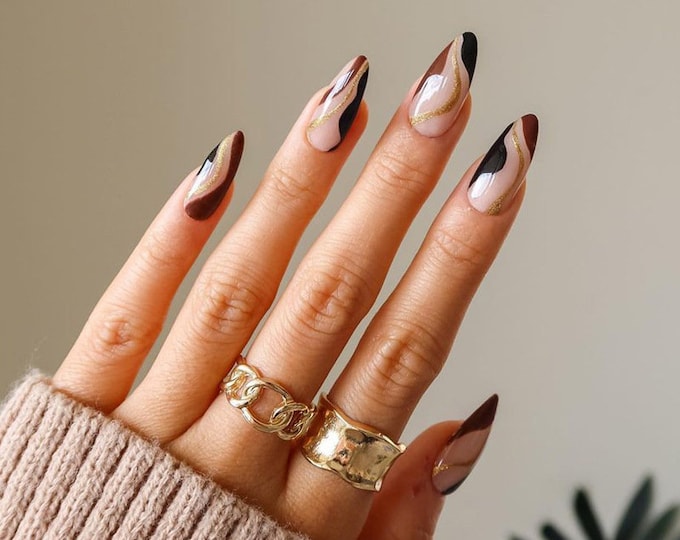 Brown Swirl Almond Press on Nails - Etsy