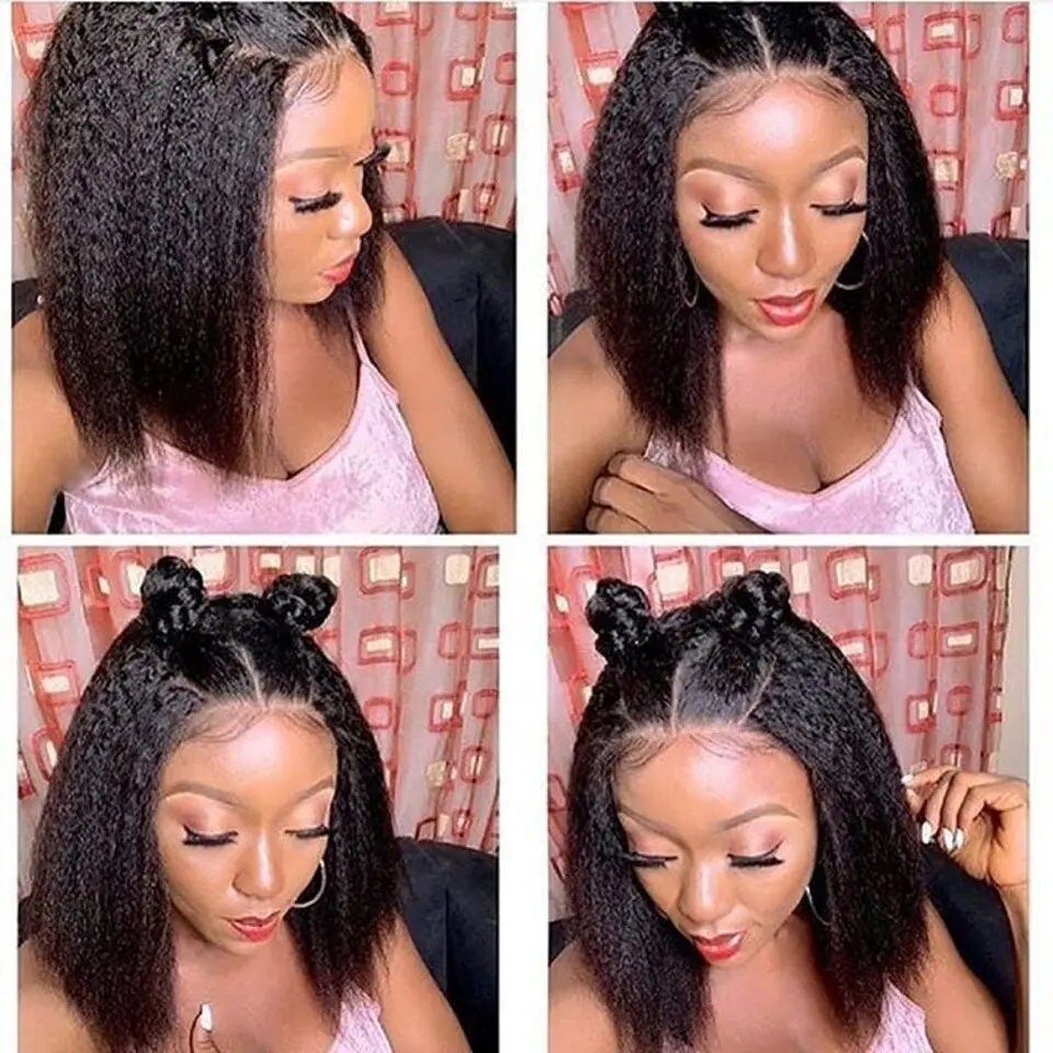 Yaki Straight Short Bob Human Hair Wig. Lace Front Transparent Kinky Straight Wig . 12 Inches