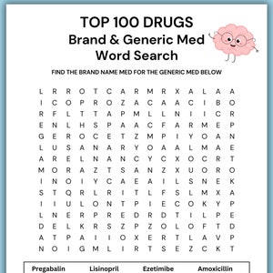 May include: A printable word search puzzle with a brain graphic. The puzzle is titled "Top 100 Drugs Brand & Generic Med Word Search". The puzzle includes a list of generic medications and their corresponding brand names.