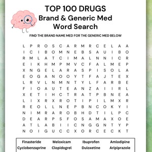 Top 100 Drugs* Medication Word Search*Pharmacy, Nursing, Medical, Instructors Games*Pharmacy Week*Brand/Generic Med Search-Pharmacy School