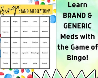 Learning BRAND/GENERIC Medications Bingo Game! 25 Brand Medications on 25 Randomized Cards + Answer Key*Perfect for Students!*