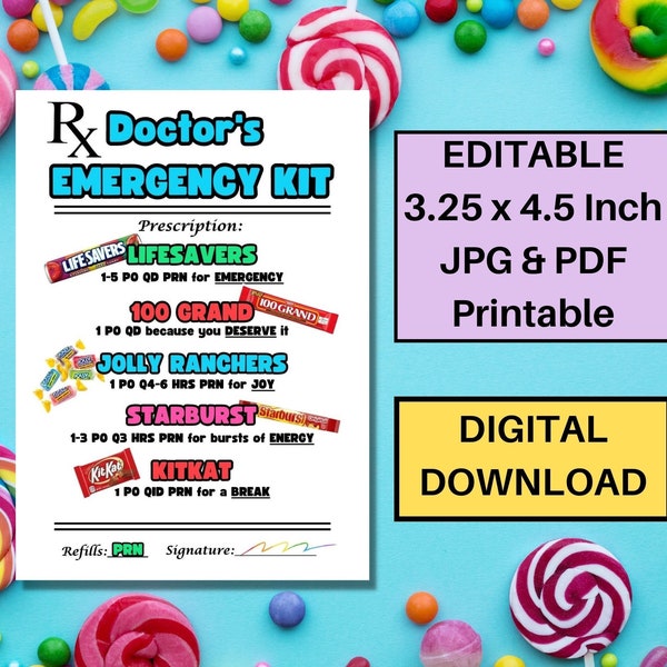 EDITABLE Doctor's Emergency Candy Kit-Survival Kit-Prescription3.25x4.5 in JPG&PDF*Digital Download*Appreciation Gift Tag*Work/Medical Field