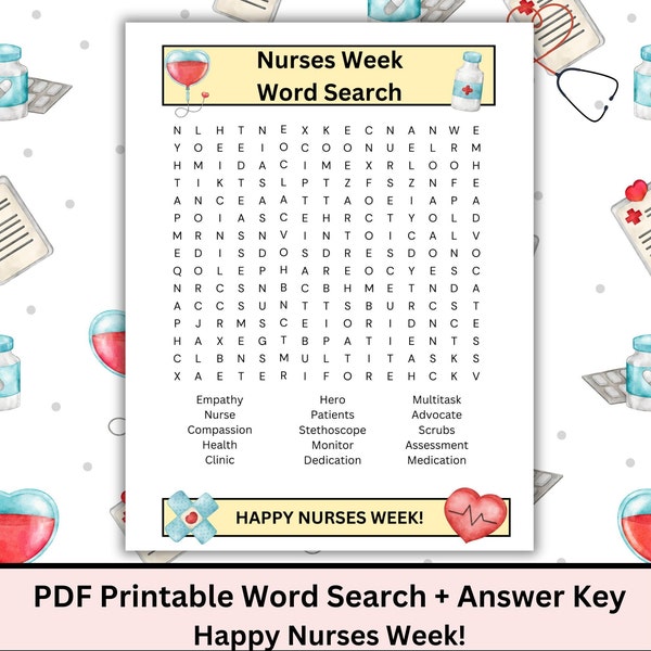 Nurses Week Word Search Printable-Nurses Game, Nurse Gift, Fun Games, Printable Nurse Games, Printable Activities, Medical Games, Hospital