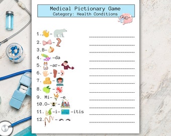 Medical Pictionary Game *Health Conditions* Printable-Nurse Week Games, Medical Fun, Nurse/Pharmacy Party, Student Games, Emoji Game