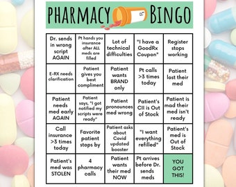 Pharmacy Work Bingo Version 2 PDF Digital Download-8.5 x 11 Inch--10 Randomized Bingo Cards with 25 Phrases! Pharmacy/Pharmacy Tech Games!