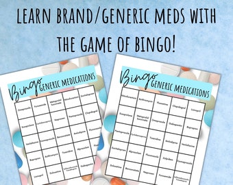 Generic Medications Bingo Game: Pharmacy Student Study Aid (PDF Download)