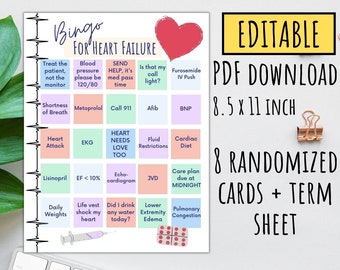 Heart Failure Bingo: 8 Randomized Cards, Education Tool (PDF Download)