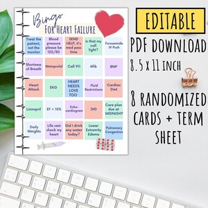 BEWERKBARE bingo voor hartfalen ⁕PDF8.5x11*Download ⁕8 gerandomiseerde bingokaarten⁕Verpleegkundestudenten, geneeskundestudenten, hoogleraren, onderwijstool