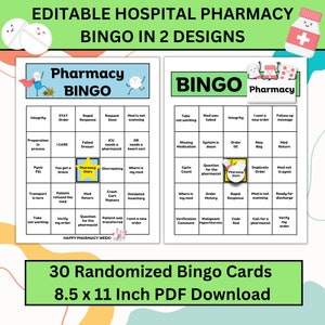 Bingo de farmacia hospitalaria EDITABLE*Descarga PDF*30 cartones de bingo en 2 diseños: farmacia, tecnología de farmacia, hospital, semana de farmacia, regalos, juegos