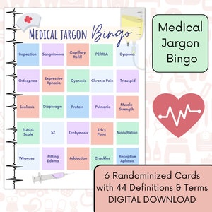 Jogo de bingo de jargão médico! Download de PDF com 44 definições e termos médicos em 6 cartões randomizados + gabarito**Instrutores/Alunos!**