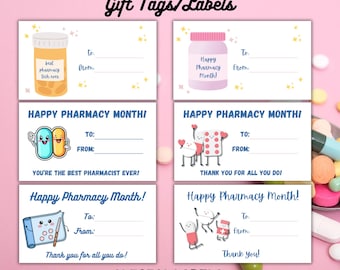 Könnte beinhalten: Sechs druckbare Geschenkanhänger-Designs für den Apothekenmonat. Jede Karte zeigt eine andere Illustration zum Thema Apotheke und den Text "Happy Pharmacy Month!" mit Platz zum Schreiben von "To:" und "From:".