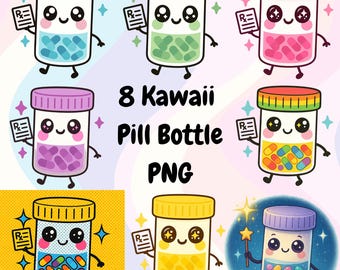 8 Kawaii Pill Bottle PNG Clipart: Pharmacy Rx Art (Digital Download)