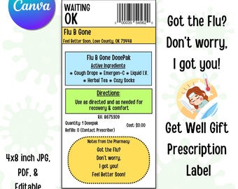 Funny Flu Survival Kit Label – Get Well Gift, Editable Canva Template (PDF & JPG Download)
