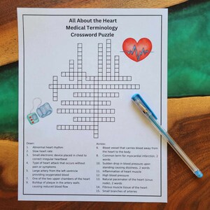 May include: A printable crossword puzzle with a heart illustration and a blood pressure cuff. The puzzle is titled "All About the Heart Medical Terminology Crossword Puzzle".