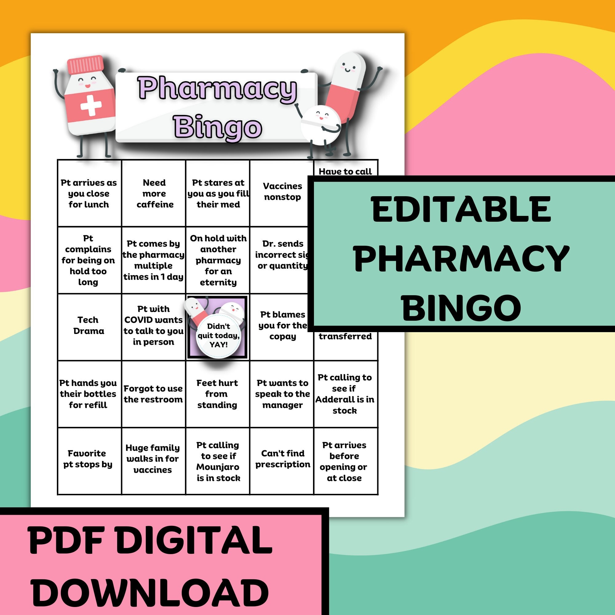 EDITABLE Pharmacy Work Bingo SINGLE Pdfpharmacist/pharmacy Tech