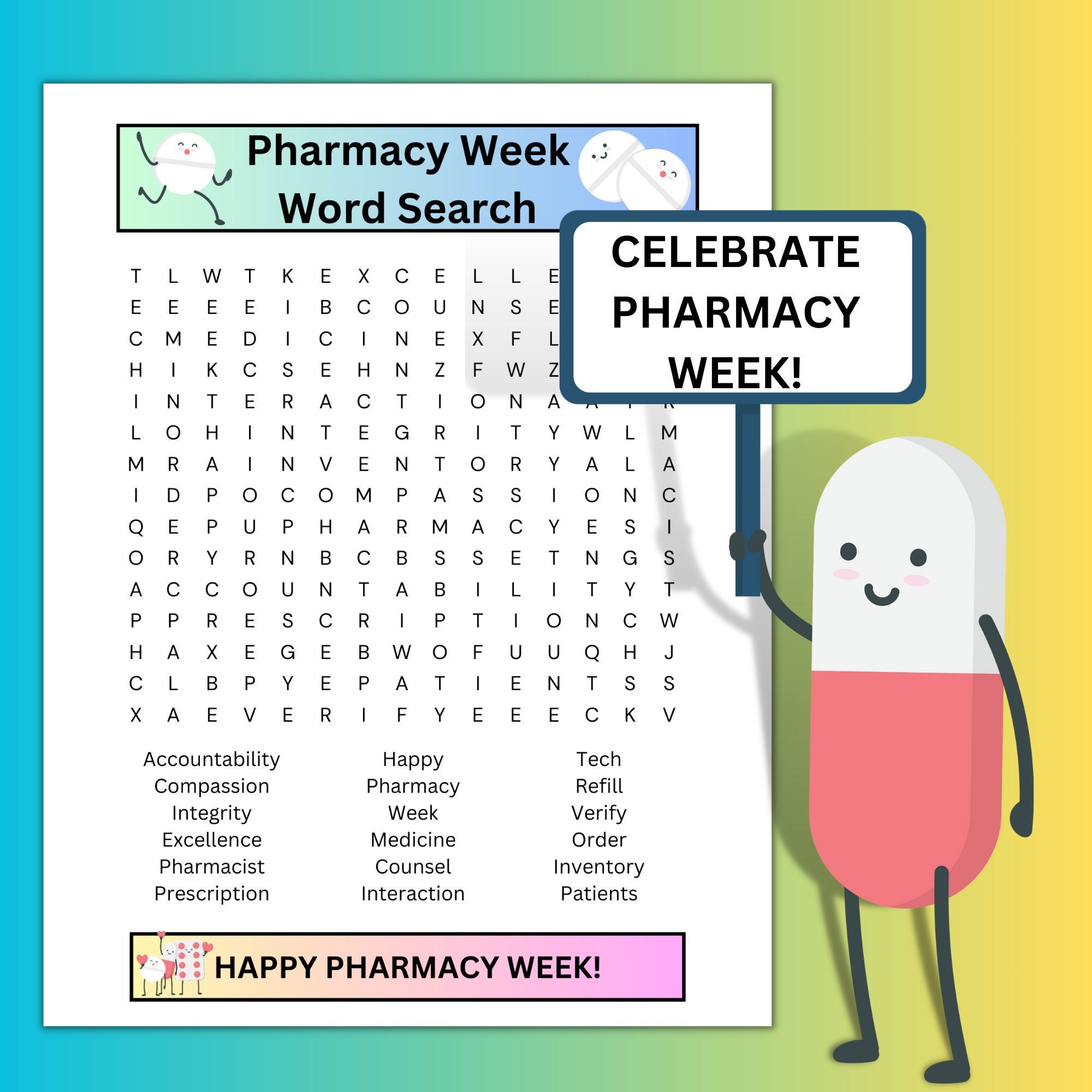 Pharmacy Week Word Search Printablepharmacist, Pharmacy Tech, Gift, Fun