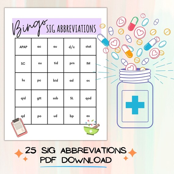 Learning SIG ABBREVIATIONS Bingo Game 25 SIG Abbreviations on - Etsy