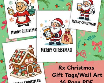 Pharmacy Rx Christmas PNG & PDF Bundle | Santa Rx Clipart, Mrs. Clause, Pharmacy Gingerbread House, Cute Medical Holiday Gift Tags