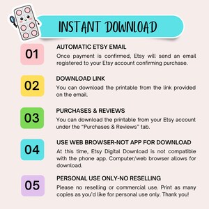 May include: A pink, yellow, green, and purple numbered list with instructions for downloading a digital product from Etsy. The list includes information about automatic Etsy emails, download links, purchases and reviews, using a web browser for download, and personal use only.